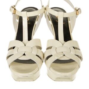 YSL Women’s Cream Patent Leather T-Strap Platform Sandals